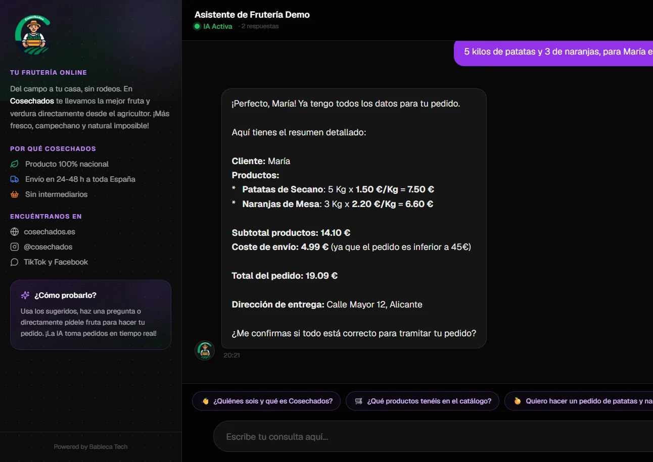 A conversation with an AI shopping assistant for an online fruit retailer. The customer asks for potatoes and oranges and the assistant returns an order summary with catalogue prices, a shipping cost, a total of 19.09 euro, and asks for confirmation.